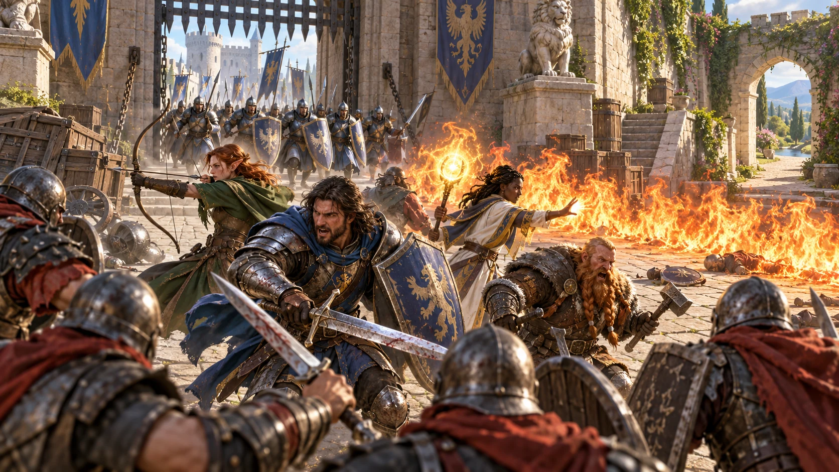Fantasy illustration of adventurers facing reinforcements and shifting terrain in a castle courtyard