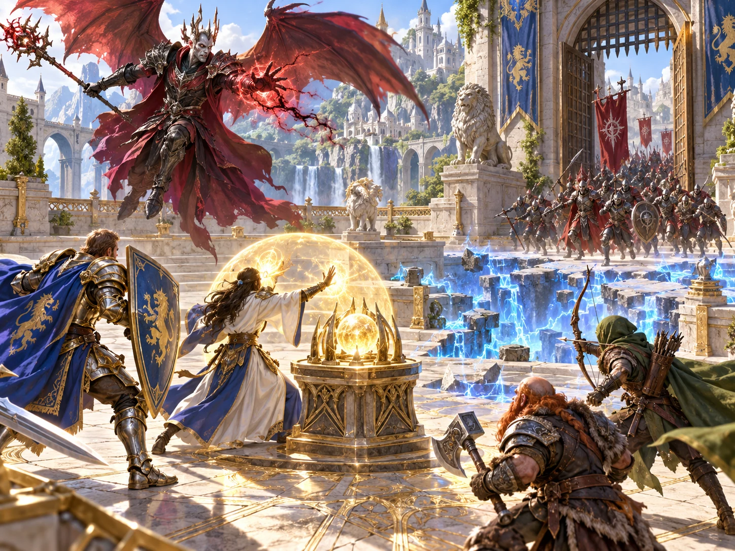 Fantasy illustration of adventurers responding to a changed battlefield and arriving enemies