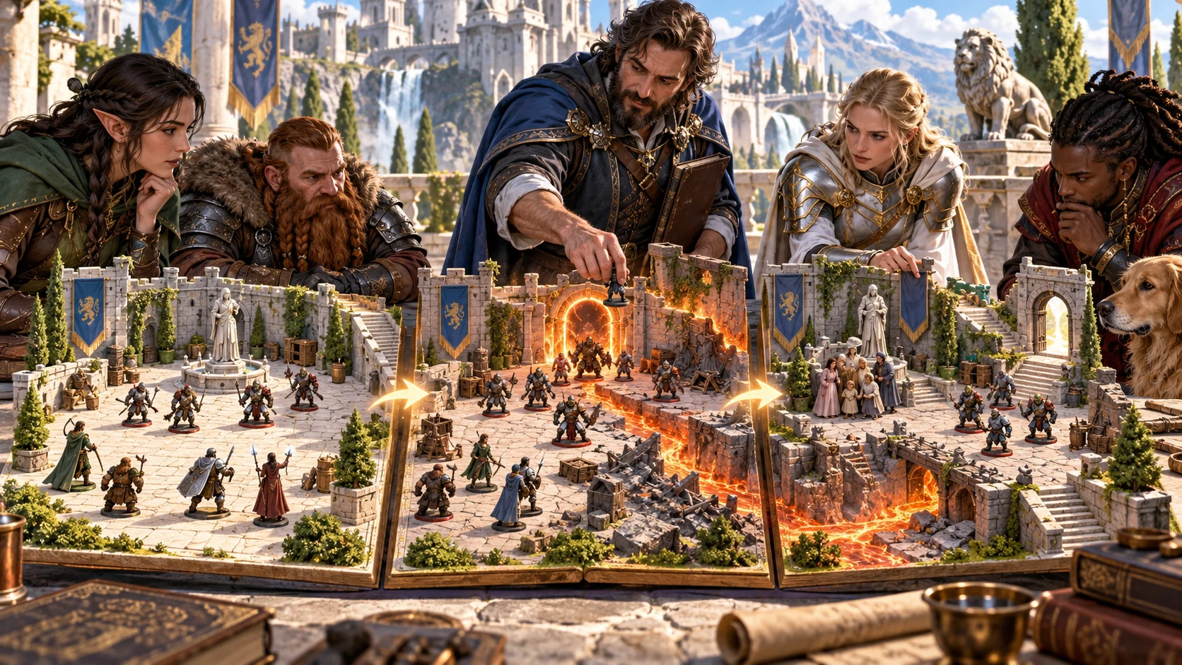 Fantasy illustration of a tabletop group reviewing changes across three encounter scenes